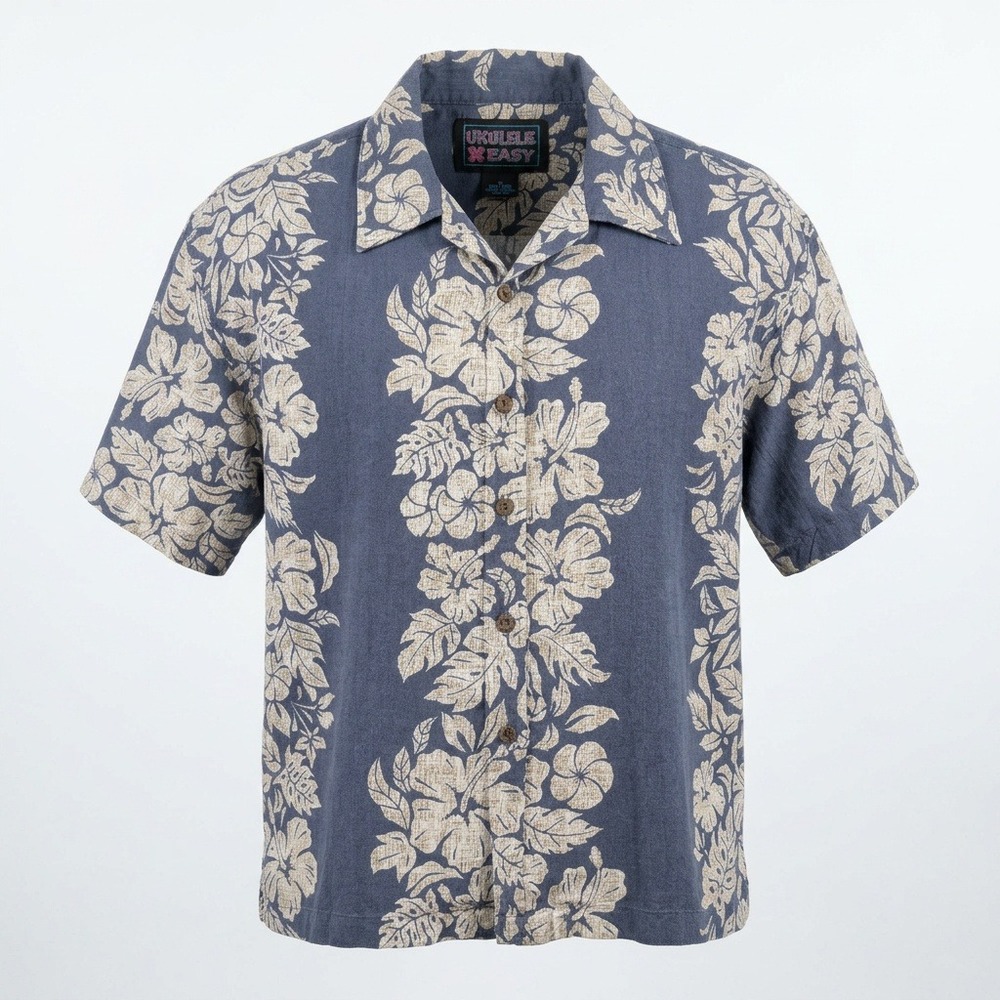 Ukelele Baby Hawaiian Shirt Womens Large Blue Rayon Hibiscus Floral Camp Button